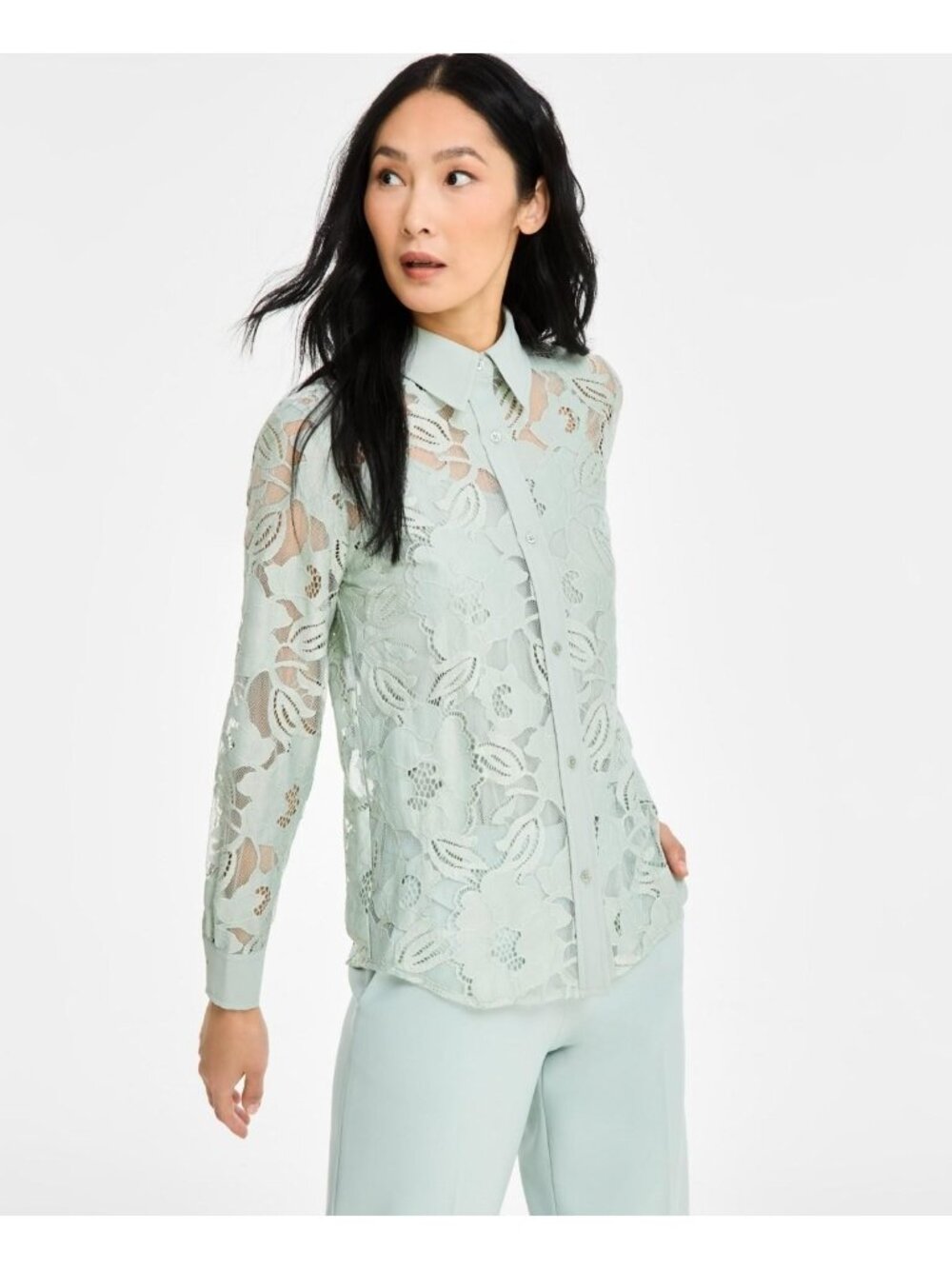 Anne Klein Women s Collared Floral-Lace Button-Front Shir Green Size S $89